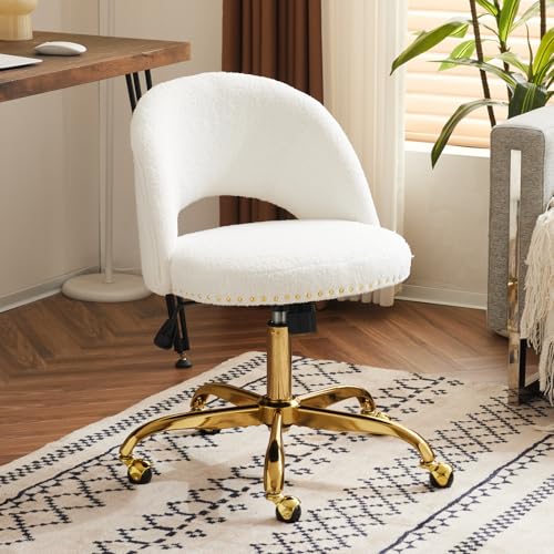 Cadeira de secretária, cadeira toucador maquilhagem, com rodas, altura regulável, inclinação ajustável (105 ° - 120 °), cadeira compacta para estúdio, quarto, escritório em casa, tecido Teddy (branco)