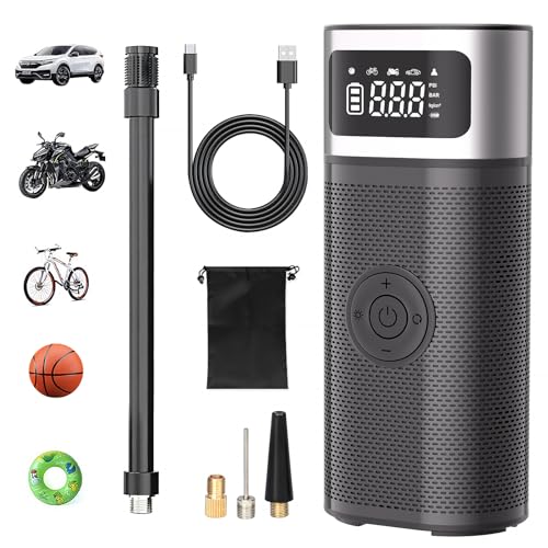 OneAmg Inflador de rodas para carro, 12 V 5200 mAh compressor de ar portátil, 150 PSI Compressor de ar carro, com ecrã LCD digital e lanterna LED, adequado para carros, motas, bicicletas e bolas USB