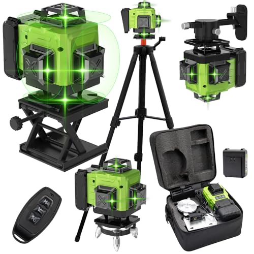 Nível laser automático 4 x 360°, 16 linhas de nível laser verde com tripé, nível laser de linha cruzada horizontal e vertical para interior e exterior com bateria, controlo remoto, carregador, etc.