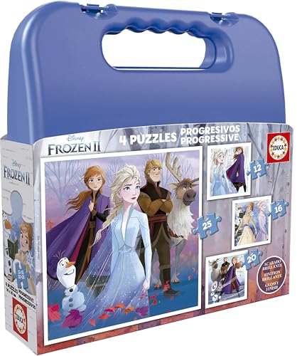 Educa - Mala Frozen II. Conjunto de 4 puzzles infantis progressivos de 12 a 25 peças. Medida uma vez montada: 16 x 16 cm. Composto por grandes peças a partir de 3 anos (18114)