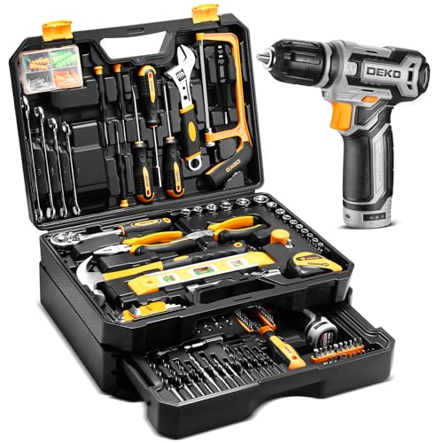 DEKO Caixa ferramentas completas elétricas 238 peças com broca elétrica de 12 V sem corda, 10 mm de chuck sem chave, caixa profissional de ferramentas domésticas de bricolage para escritórios e jardim