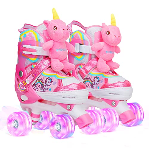 Patins boneca unicórnio para meninas patins ajustáveis patins 4 rodas com iluminação LED para meninas meninos iniciantes presente de aniversário Natal