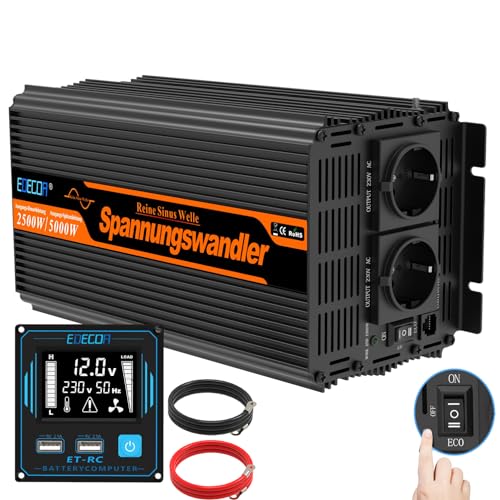 EDECOA inversor 12v 220v onda pura 2500 w conversor de corrente com comando 2X USB para auto-caravana para carro placa solar sistema de isolamento galvânico (2.ª geração)