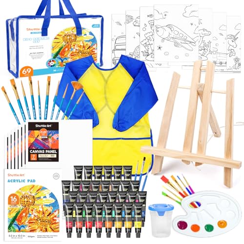 Shuttle Art Pacote de 69 jogos de pintura para crianças, jogo de arte crianças com tinta acrílica de 30 cores, cavalete de madeira, telas, almofada de pintura, pincéis, paleta