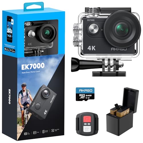AKASO EK7000 Câmara desportiva 4K com cartão de memória microSDXC de 64 GB câmara de ação 4 K 20 MP WiFi ângulo grande de 170 ° com EIS controlo remoto 2,4 G câmara aquática submergível 30 m 2