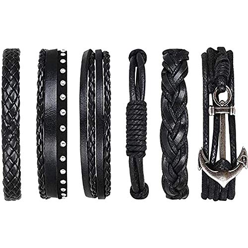 flintronic® Pulseira para homem, 6 peças personalizáveis, retro, tecida, pulseira de fato de couro multicamada, pulseiras retro, moda pulseira de couro, bracelete entrançada Roccia Punk, ajustável