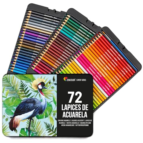 Zenacolor 72 lápis aguarela pincel e maleta de metal kit de lápis de cores - 72 cores únicas - colorido para adultos, crianças, artistas iniciantes e especialistas