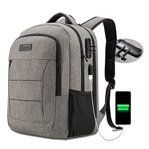 Tzowla Mochila de viagem para portátil homem, bolsa impermeável anti-roubo com porta de carregamento USB e fechar, mochilas de negócios para computador de 17,3 polegadas - cinzento