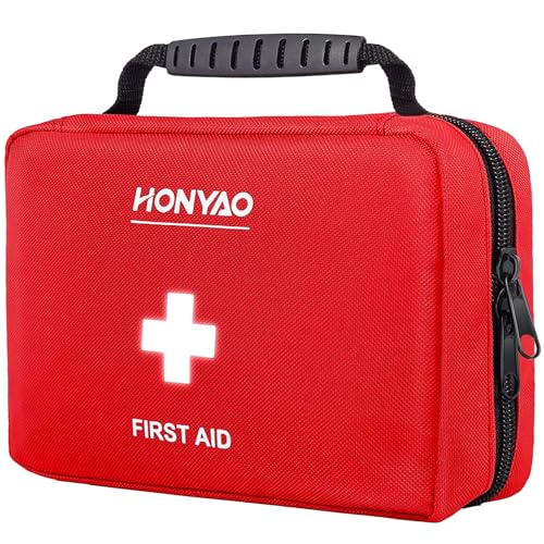 HONYAO Kit de primeiros socorros 222 peças, kit de primeiros socorros completo, kit para casa carro trabalho desporto viagem acampamento, vermelho