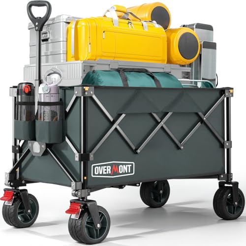 Overmont Carrinho dobrável para festivais, capacidade de 150 kg, para campismo, praia, jardim, piquenique, compras, carrinho resistente com pega ajustável, rodas e travão todo o terreno