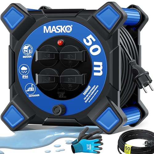 MASKO® Tambor de cabo de 50 m, cabo extensão com tomadas de proteção de contacto e alça enrolável, enrolador de cabos para exteriores, proteção térmica, IP44, 1000 W ~ 3000 W, inclui alça e