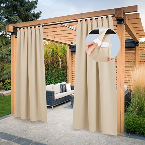 PONY DANCE Cortinas opacas para pérgolas de jardim, cortina de exterior impermeável, com proteção UV, com presilhas para alpendre e terraço, 2 peças, 132 x 274 cm, bege escuro