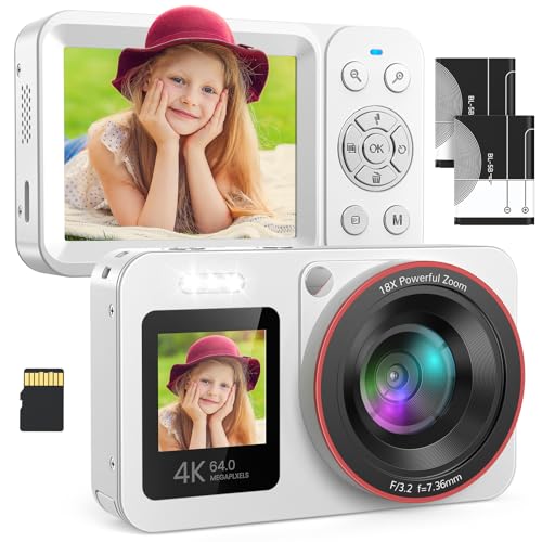 Câmara de fotos câmara digital 4K 64MP FHD, câmara digital com cartão de 64 GB, câmara compacta Zoom 18X e 2 baterias, recarregável compacta portátil câmara para crianças principiantes, branco