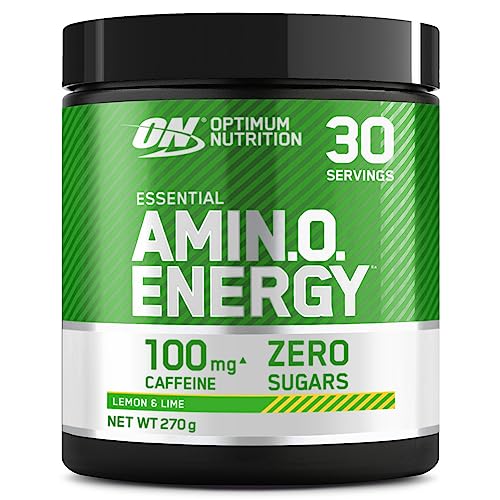 Optimum Nutrition Amino Energy Pó pré-treino, bebida energética com aminoácidos, BCAA, L-glutamina e L-Leucina, complemento com vitamina C e cafeína, sabor lima-limão, 270 g
