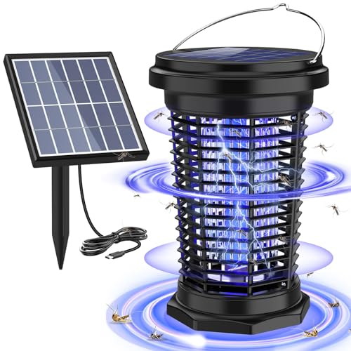 PALONE Candeeiro anti-mosquitos solar, 2500 m, 4500 v, anti-mosquitos elétrico recarregável por USB e cabo de 1 m, com barra de suporte solar de 5,5 W/5 V e cabo de carregamento C para interior e