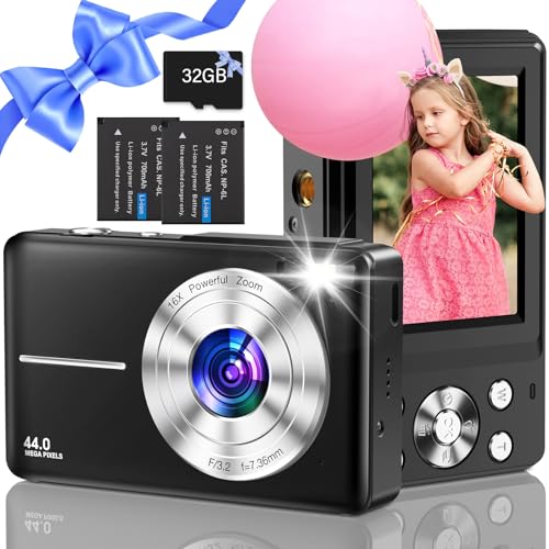 Câmara digital com cartão de 32 GB, 1080P 44 MP câmara digital com zoom digital 16X, flash e 2 baterias para crianças, adultos e iniciantes (preto)