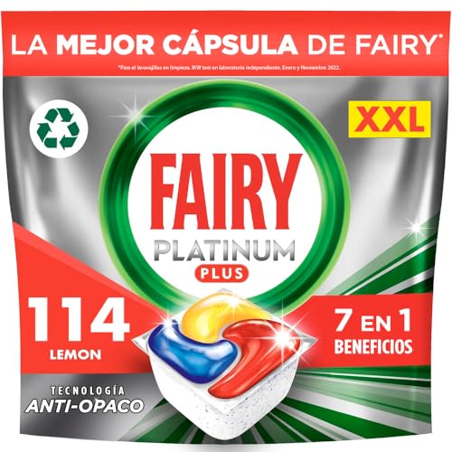 Fairy Platinum Plus Limão cápsulas de máquina de lavar louça, tudo em um, 114 cápsulas, a nossa melhor limpeza que deixa os pratos como novos, elimina a falta de brilho e evita o calcário