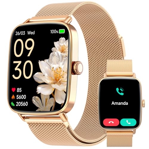 Yoever Relógio inteligente mulher, 1,85" Smartwatch mulher com chamadas e Whatsapp notificação, SpO2/Pulsómetro/sonho/podómetro, 110 modos de desporto, IP68 para Android iOS dourado