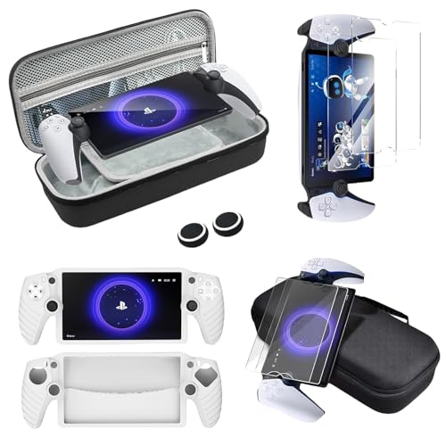 AriKroii Funda de Playstation Portal Remote Player, 4 en 1 Accesorios PS Portal Case con Funda Silicona, 2 Paquetes de Protector Pantalla de Cristal Templado & 2 Tapas para el Pulgar