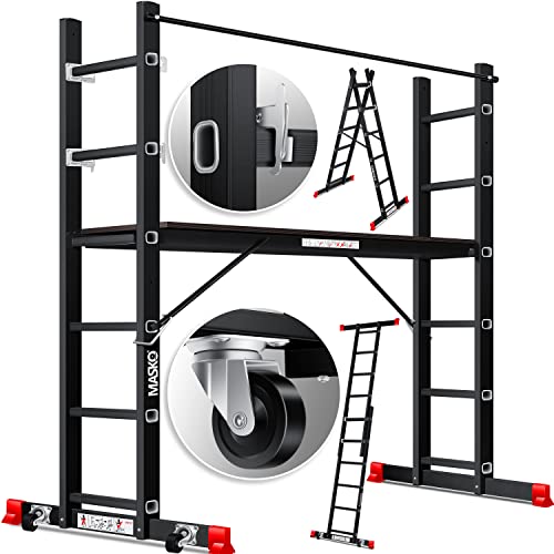 MASKO® Andaime, andaime ✓ alumínio ✓ escada ✓ plataforma de trabalho, capacidade de carga até 150 kg, revestimento antiderrapante, escada de andaime, verificado GS (EN 131), preto