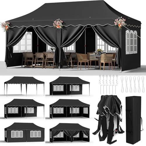 Tenda dobrável 3 x 6, tendas para exteriores com 6 paredes laterais, canteiros para jardim, proteção UV 50, com 12 pregos, moídos e 6 sacos de areia, 3 x 6 tendas para acampar festas casamentos, preto