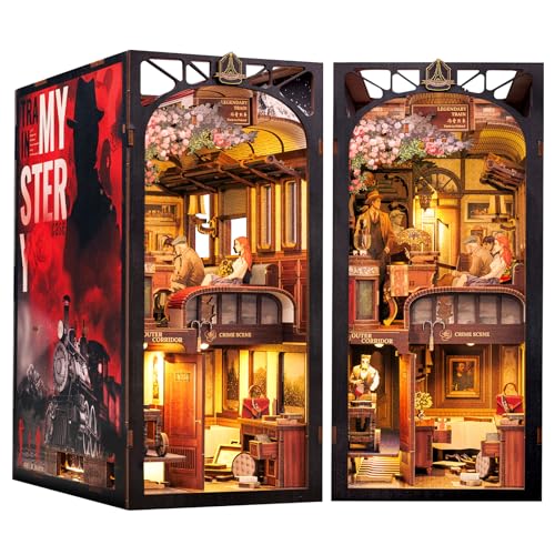 CUTEBEE DIY Book Nook Kit - Casa de bonecas de madeira para montar com móveis e luzes LED, casaco livraria em miniatura, decoração de inserção de estante criativa (Train Mystery Case)