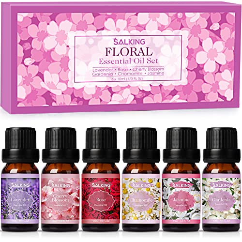 SALKING Flores óleos essenciais para humidificador difusor 6 x 10 ml, 100% puro óleos essenciais naturais, óleo perfumado, lavanda, rosa, jasmim, jardénia, camomila, flor de cerejeira