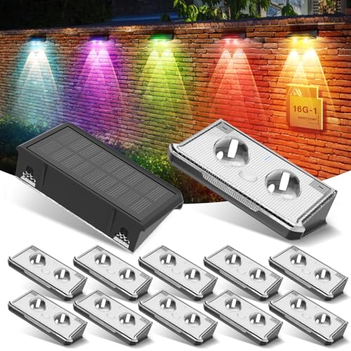 UNBON Aplique solar exterior parede, 12 peças luzes solares exterior parede 8 modos 7 cores IP65 candeeiros solares exteriores impermeável para pátio parede cerca jardim luz quente e RGB