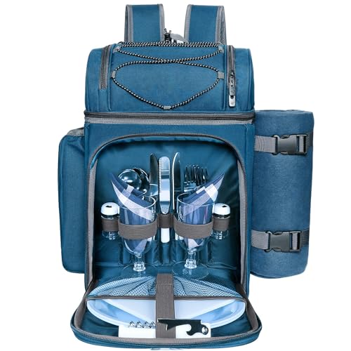 Hap Tim Mochila de piquenique para 2 pessoas com bolsa térmica à prova de fugas, suporte para vinho, manta de forro polar, conjunto de talheres, perfeita para praia, viagens de um dia, caminhadas,