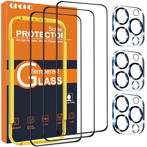 QHOHQ Protetor de ecrã para iPhone 16 Pro Max protetor de câmera, grau militar quebrável, [cobertura total de proteção], Super Top 9H vidro temperado, com moldura de montagem simples [3 peças]