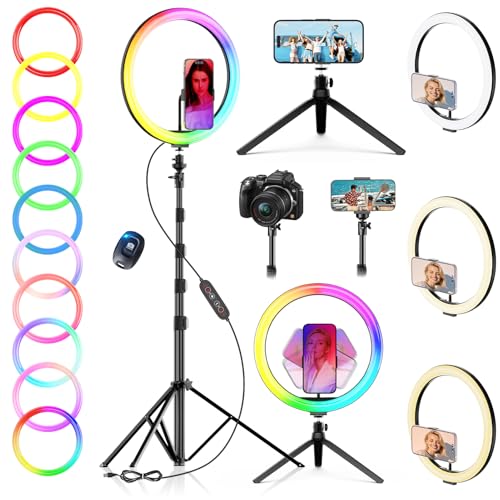 PEYOU 12" Aro de luz com tripé para telemóvel, 186 cm Ring Light 38 modos RGB com função Bluetooth Selfie e mini tripé extra, para Youtube/TikTok/Twich Live/etc.