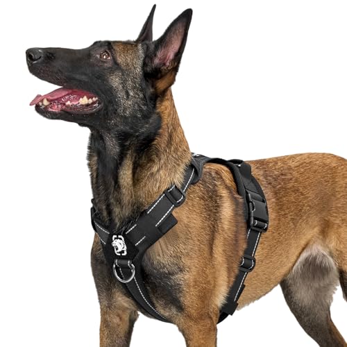 OneTigris Arnês para cães, diesel ajustável tático arnês tático macio acolchoado para cães médios e grandes com refletor, 1 alça, 3 anéis em D (preto, L)