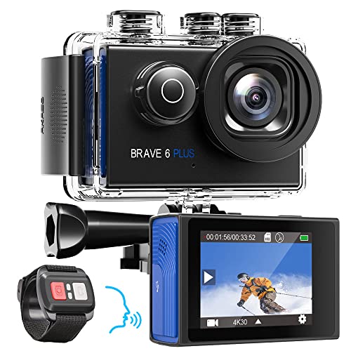 AKASO Brave 6 Plus Câmara desportiva 4K30FPS WiFi 20MP, câmara de ação ecrã tátil, estabilização eletrónica, câmara aquática submergível 40 m, controlo por voz, 2 baterias e kit de acessórios
