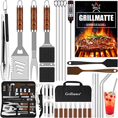Grilliance Utensílios para churrasco de 30 peças, kit de acessórios para grelha de aço inoxidável para homens, conjunto de ferramentas profissionais para grelha com bolsa de transporte, castanho