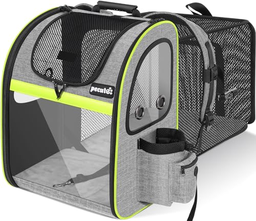 Pecute Transporte para gatos, mochilas para gatos e cães, bolsa para animais de estimação expansível e dobrável, 15 kg de carga máxima, para viajar de comboio/carro/avião, cinzento