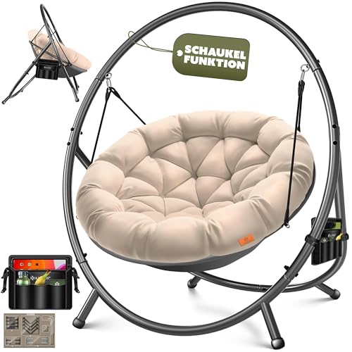 KESSER® Rede de suspensão com estrutura, balanço suspenso, até 150 kg, para interior e exterior, inclui almofada e bolso lateral, cesta suspensa, estrutura de aço e almofada de espuma, ideal para