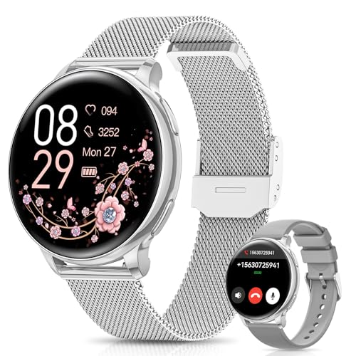Sanorum Relógio inteligente mulher com chamadas, 1,27'' Smartwatch mulher função feminina, 120 modos desportivos, 24H pulsómetro, SpO2, monitor de sonho, podómetro, calorias, iOS Android prata