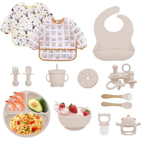 Bizcasa Louça de silicone para bebé, 14 peças, louça de silicone para bebés, antiderrapante, louça de aprendizagem para comer desmame com prato tigela babete caneca mordedor fruta bebé, sem BPA (bege)