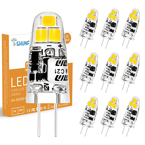 I-SHUNFA Embalagem de 10 lâmpadas LED G4 de 1,2 W, cor branca fria, 6000 K, 12 V, lâmpadas LED de substituição g4 de 15 W, lâmpadas halogéneas para quarto, cozinha, sala de jantar, escritório.