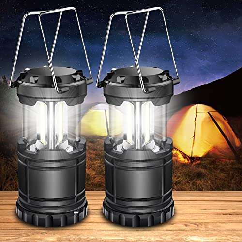ILEEDear Pacote de 2 lanternas LED para acampar, candeeiro de campismo, kit de sobrevivência para furacões, emergências, tempestades, apagões (preto, dobrável)