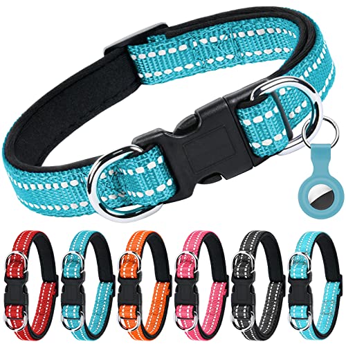 AUAUY Coleira de cão, nylon refletor, coleira ajustável cão, coleira de neoprene, anel duplo D e fivela de libertação rápida, para cães pequenos, médios e grandes (lago azul-S)