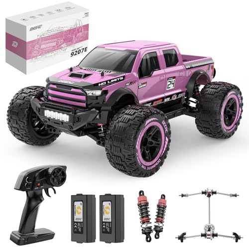 DEERC 1:10 Carro remoto rápido para adultos, Monster Truck 4 x 4 com controlo remoto, RC carro 48 km/h, todo-o-terreno de alta velocidade, cor-de-rosa, com 2 baterias modulares, presente para crianças
