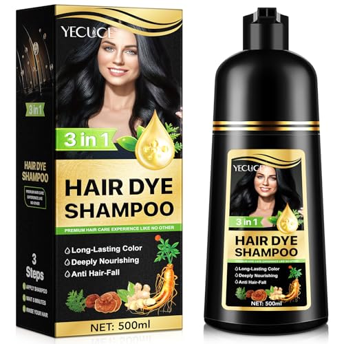 Champô de tinta para canudos - 3 em 1 preto Dye Shampoo Pflege, StäRkung & Lang Anhaltende Farbe FüR MäNner & Frauen, Sanfte Formel, 500 ml