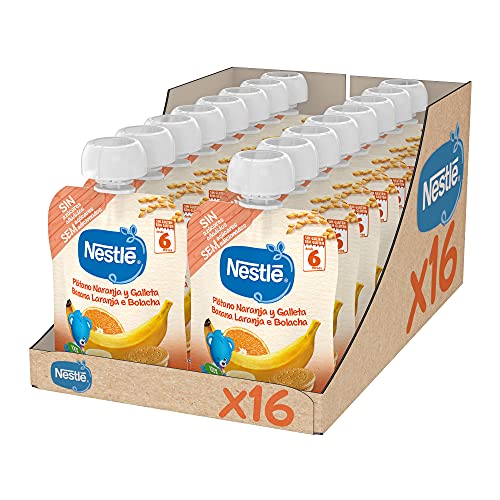 Nestlé Papillas Saco puré banana laranja bolacha, a partir dos 6 meses, 90 g, conjunto de 16 saquetas 90 g