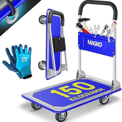 MASKO® Carrinho de plataforma, carrinho de armazenamento, Incl. Luvas de trabalho, travão de bloqueio, com 6 argolas de segurança, rodas giratórias de 360°, dobrável, capacidade de carga - 150 kg /