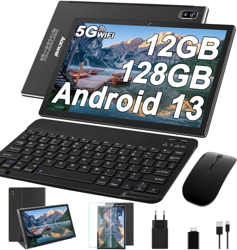 AOCWEI Tablet de 10 polegadas Android 13 Tablet Octa-Core 2,0 GHz, 12 GB RAM + 128 GB ROM (512 GB TF), 5G+2,4 G WiFi, Bluetooth 5.0, 5 MP+8 MP, 8000 mAh, Face ID, com teclado e rato on - preto