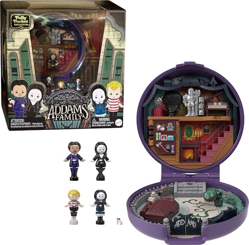 Polly Pocket Estojo da família addams com 4 mini bonecos, a figura de coisas e 10 acessórios, brinquedo para colecionadores inspirado no filme, 4 anos (HXW25)