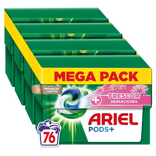 ARIEL PODS Tudo em 1 detergente máquina de lavar líquido em cápsulas/comprimidos, 76 lavagens (4 x 19), sabão de limpeza profunda, mais sensações frescas, a embalagem pode variar