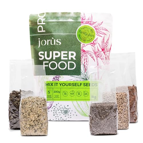 Mistura de sementes comestíveis 1 kg - 5 x 200 g de sementes de girassol, linho, cânhamo, chia e abóbora, perfeitas para lanches, smoothies, saladas e muito mais, ricas em fibra, ômega - 3 e proteínas