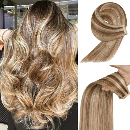 YDDM Extensões adesivas cabelo natural 50 cm 50 g loiro cinza com loiro branco - cabelo humano 20 unidades (20 polegadas, P6/613#)